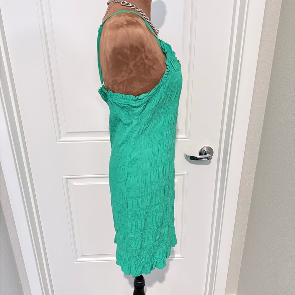 H&M Smocked Green Ruffle Strap Mini Dress Size L Summer - Picture 3 of 5